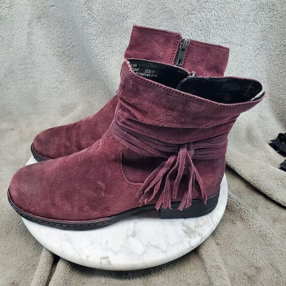 Born Shoes Womens Size 8.5 Burgundy Red Suede Cross Fringe Zip Boots - Picture 1 of 11